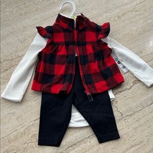 NEW 🆕 Carter’s Red and Black Plaid Vest with White Top and Black Pants Set 3mo